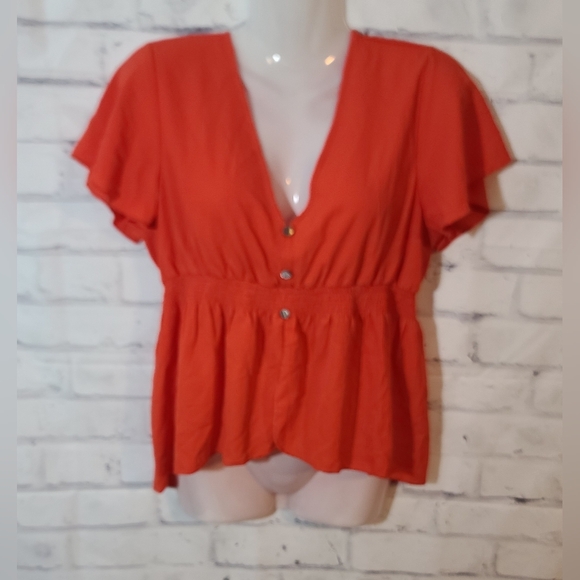 love J Tops - Love J Bright Orange V-neck Button Detail Blouse Large